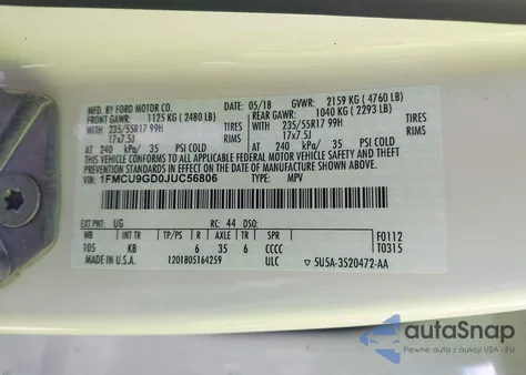 2018 Ford Escape Se from USA, damaged, VIN 1FMCU9GD0JUC56806